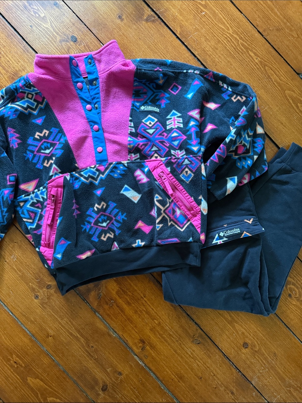 Columbia Black Fleece Pullover with Pink & Blue Aztec Print